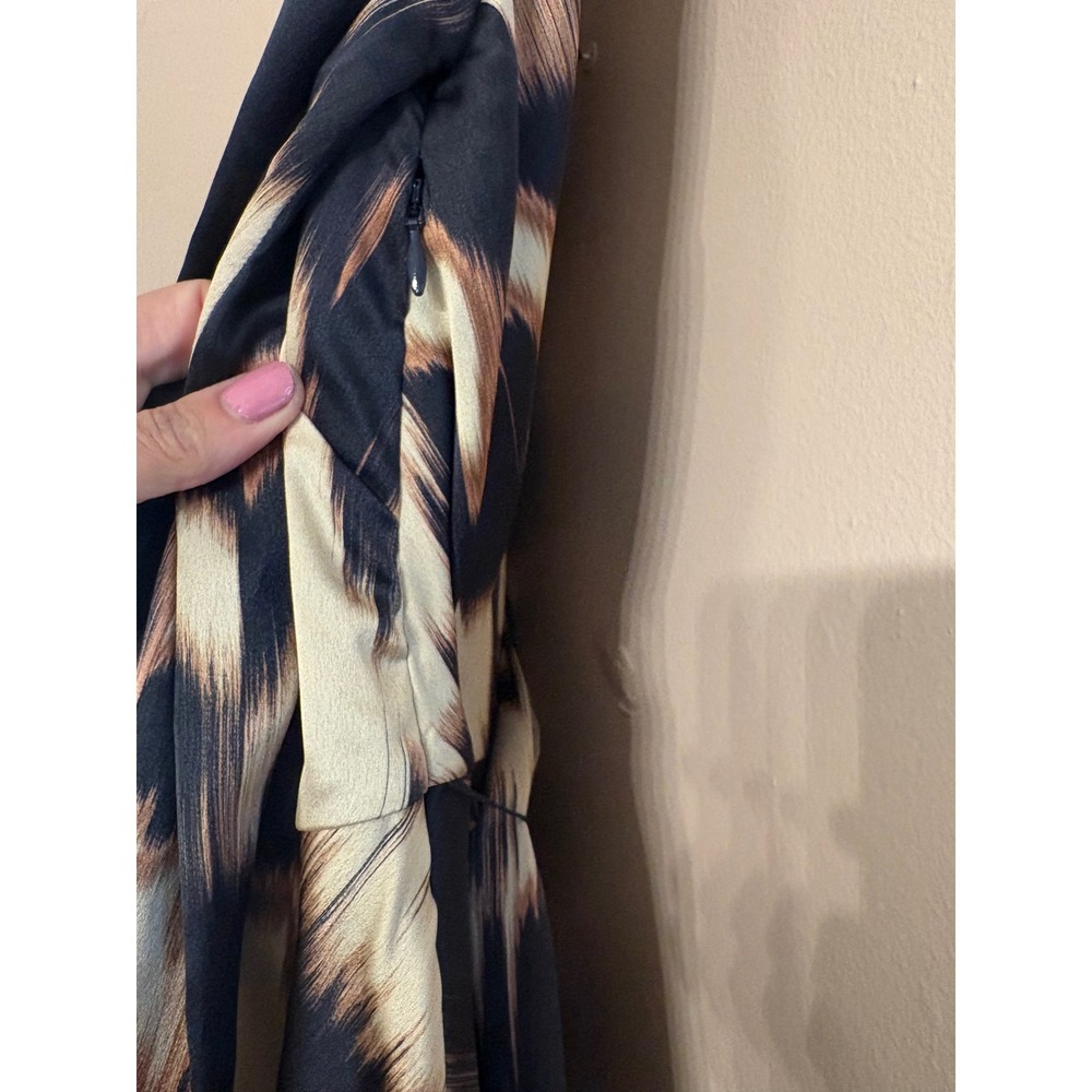 Tanya Taylor Abstract Print Wrap Midi Dress Long Puff Sleeve Ruffle Hem Size 6 - Picture 8 of 9